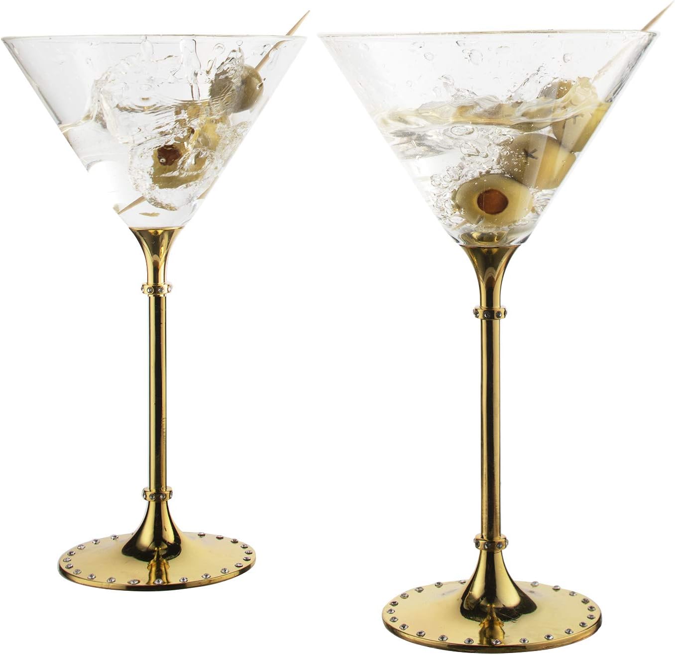 Gold Rhinestone DIAMOND Studded Martini Glasses Set of 2 10 Ounces by