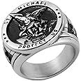 HZMAN St. Michael San Miguel The Great Protector Archangel Defeating Satan Figurine Stainless Steel Amulet Ring