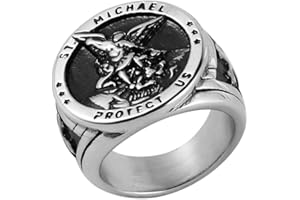 HZMAN St. Michael San Miguel The Great Protector Archangel Defeating Satan Figurine Stainless Steel Amulet Ring