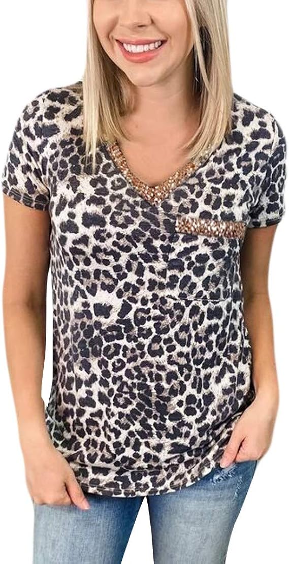 N/F Womens Leopard Print T Shirts Sequin VNeck Short Sleeve Tee Tops