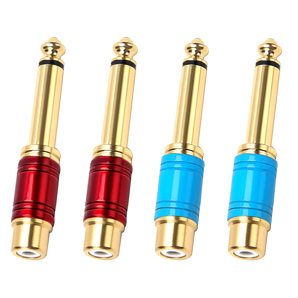 KUOQIY 4 PCS RCA Female to 6.35mm (1/4 inch) Male Audio Adapter, 6.35mm Male Mono TS Jack Plug to RCA Female Interconnect Audio Adapter, Pure Copper Red + Blue