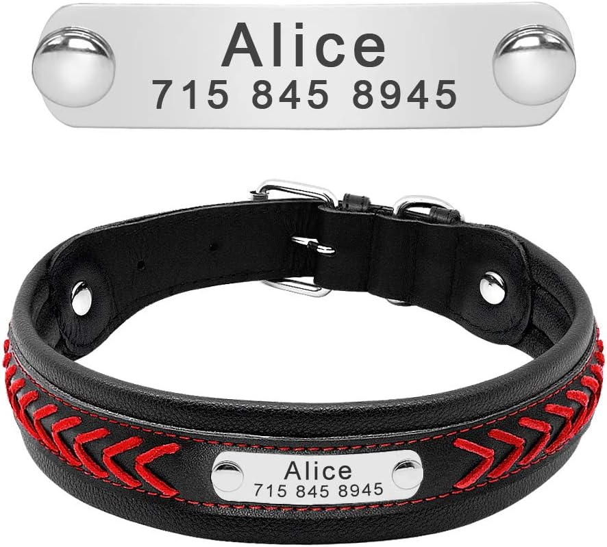 PET ARTIST Studded Red Braided Leather Dog Collar with Name Plate - Personalized Leather Dog Collars for Large Dogs - Free Engraved with ID Tags, L(Neck 15.5-20.5'')
