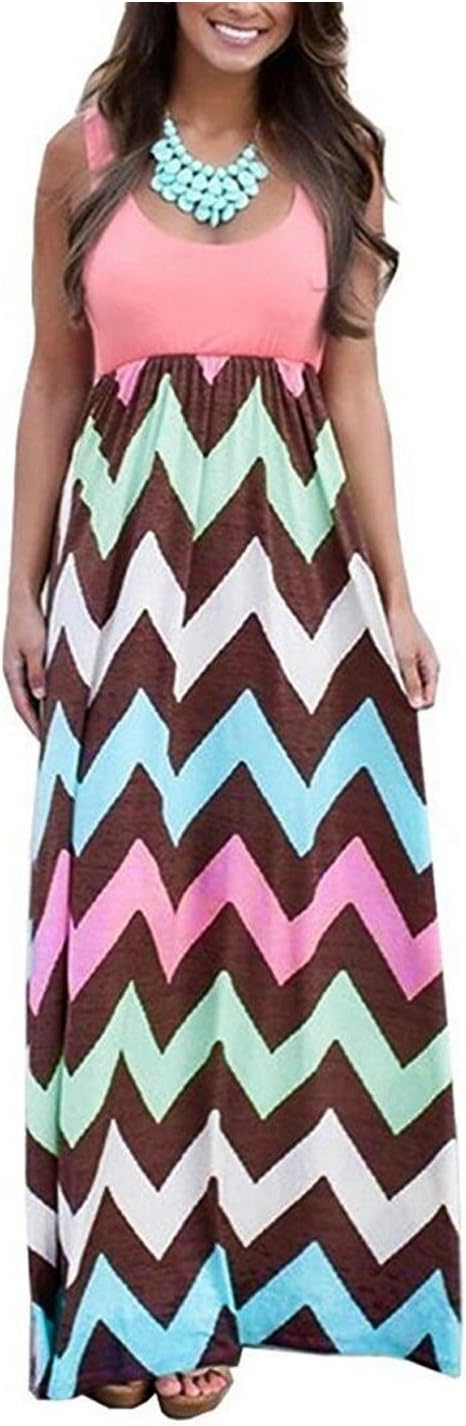 Aifer Womens Striped Zig Zag Chevron Print Sleeveless Tank Top Beach Long Maxi Dress,Red,Large