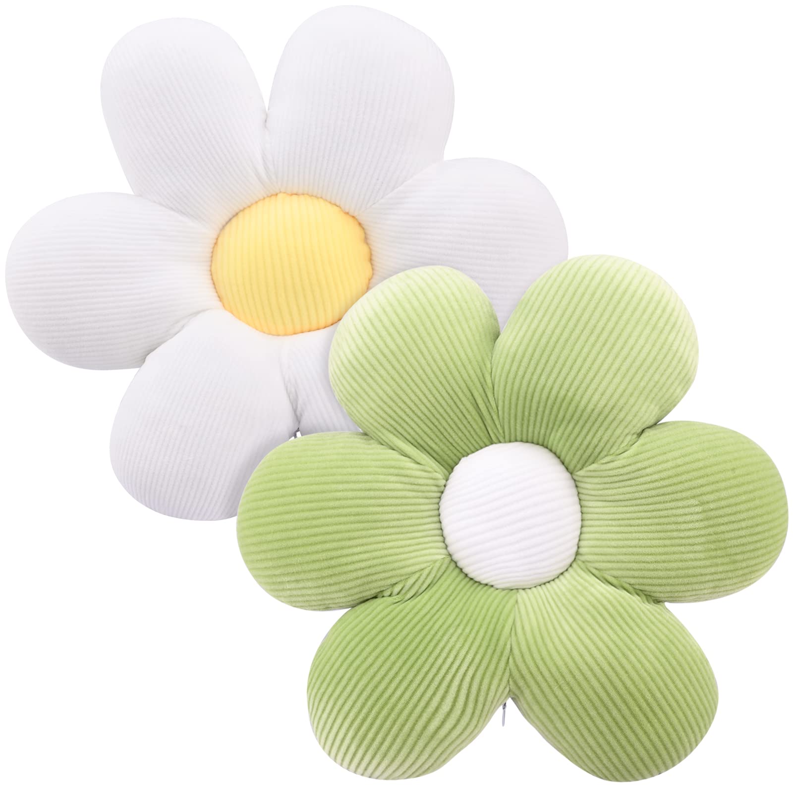 2 Pcs Flower Floor Pillow Seating, 40cm Shaped Chair Seat Pad, Soft Petal Cushion, Cute Plush Tatami for Car Home Sofa (Green+White)