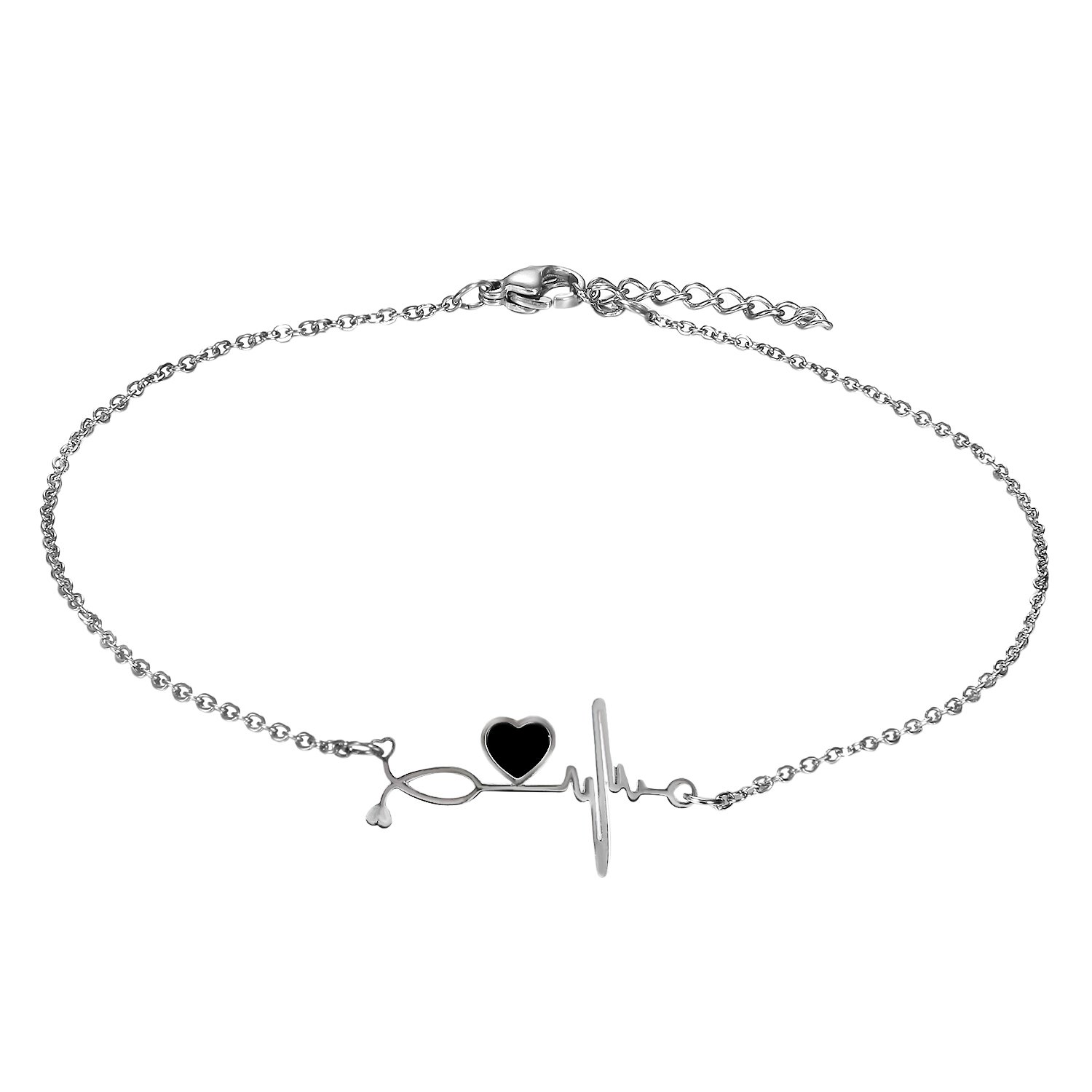 Cupimatch Nurse ECG Bracelet Heartbeat Cardiogram Love Heart Link Charm Chain Adjustable Anklet 10.5"