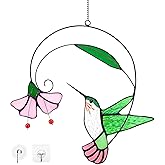 Stained Glass Hummingbird Suncatcher with Flower Branch - Handmade Real Glass Window Hanging, Bird Safe Gift for Women, Mom & Bird Lovers - Vibrant Porch & Kitchen Decor (Green)