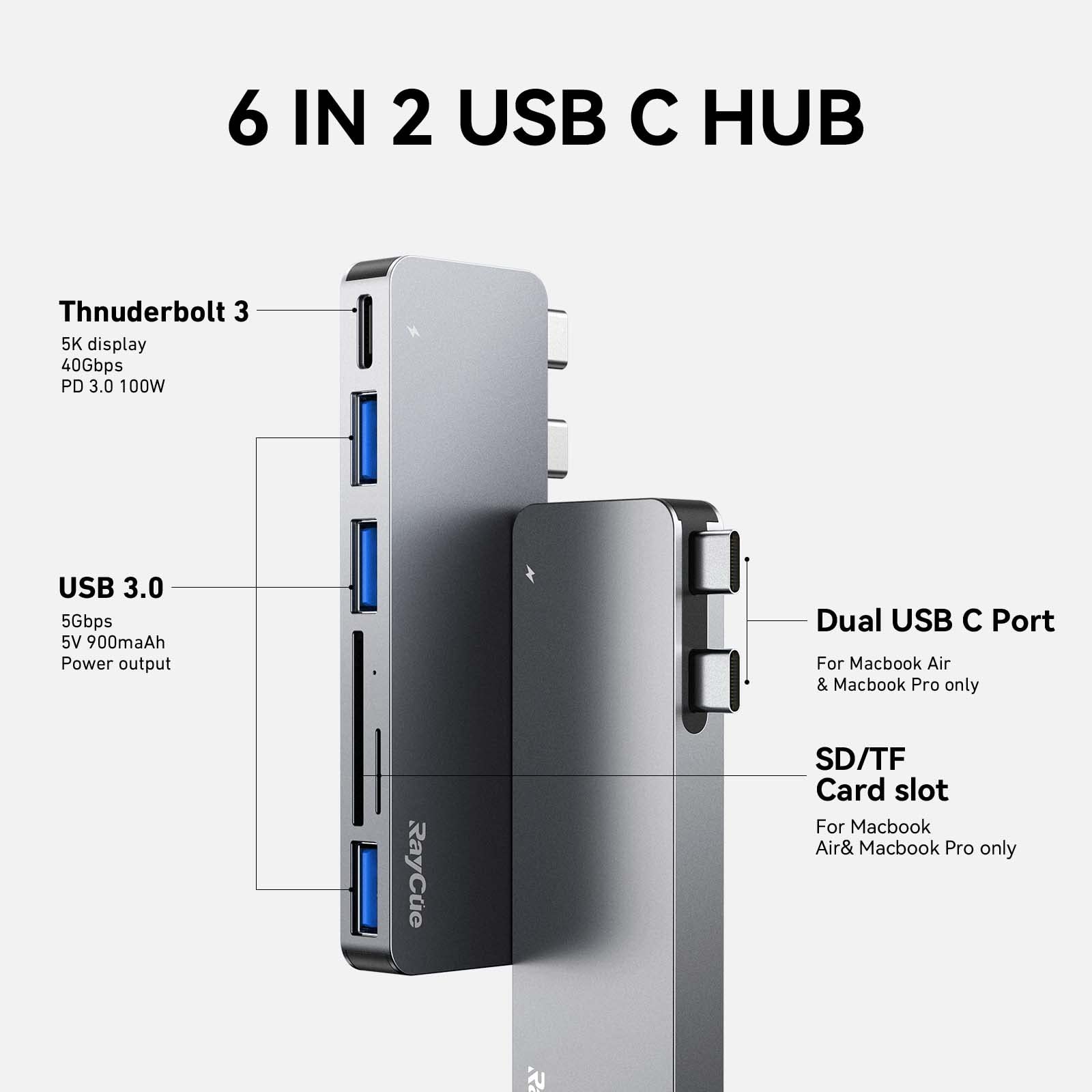 RayCue USB C Hub Adapters for MacBook Pro/MacBook Air M1 M2 M3 2023 2022 2021 2020 2019 13" 14" 15" 16", 6-in-2 Multiport MacBook Adapter with Thunderbolt 3, 3 USB 3.0 Ports, SD/TF Card Reader