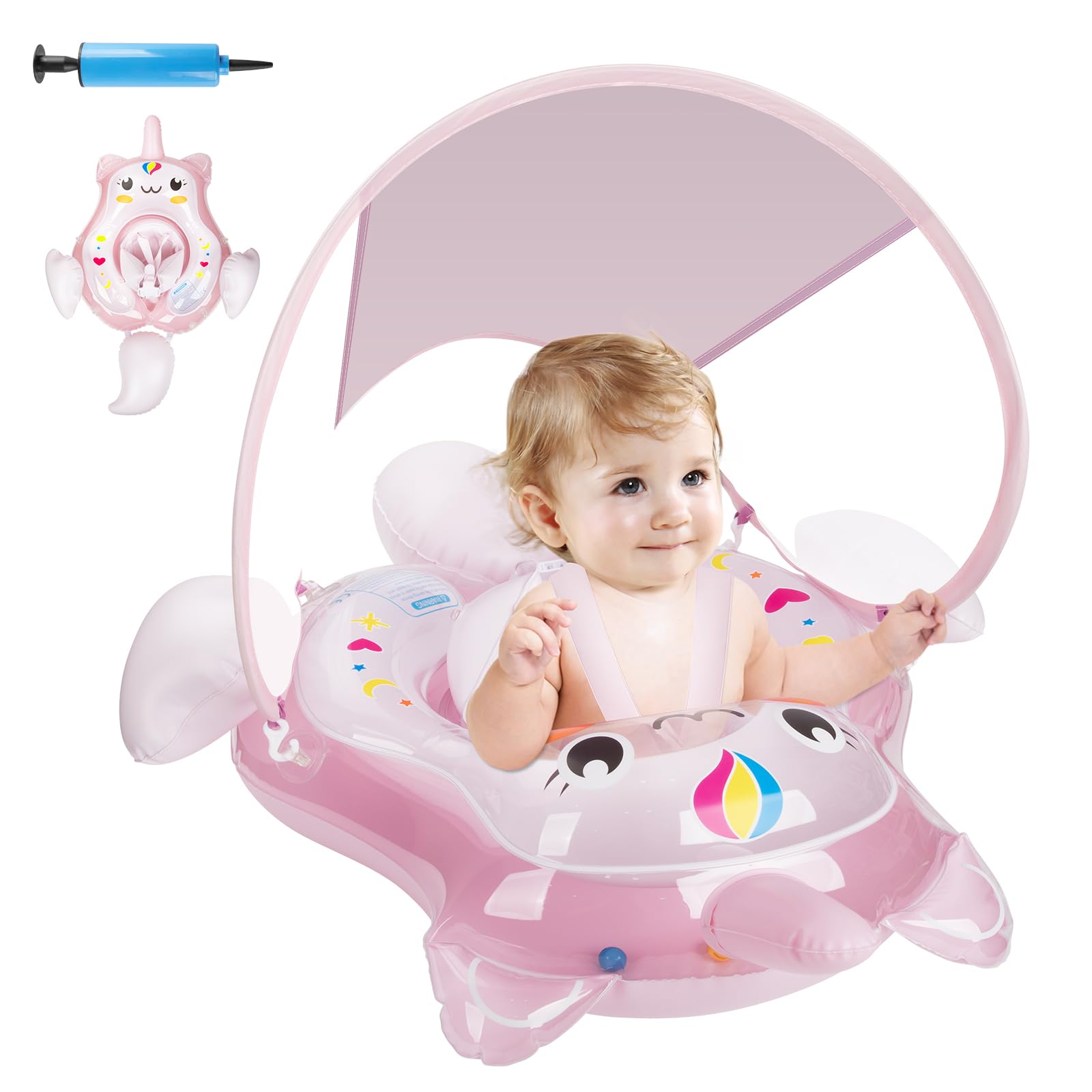 Parner Baby Swimming Float, Inflatable Baby Pool Float with Sun Canopy and Safety Bottom Support, Baby Swimming Ring Suit for Newborn Baby Toddler Age of 3-36 Months
