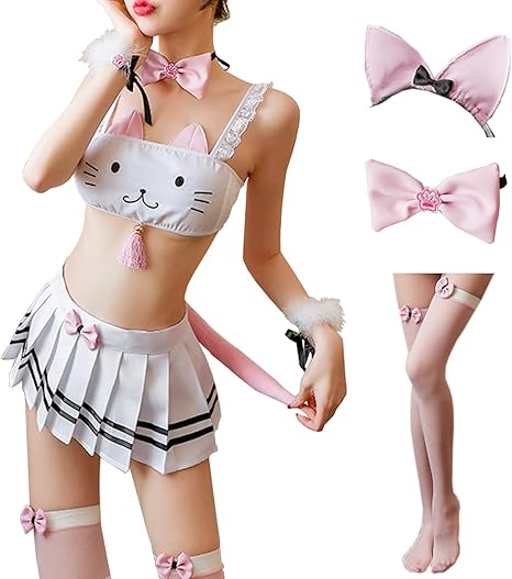 Amazon Olyoly 6点セット かわいい ネココス ベビードール 猫 コスプレ ビキニ ミニスカ 猫耳 過激 セクシー ランジェリー ニーハイ 白猫 コスプレ 仮装 通販