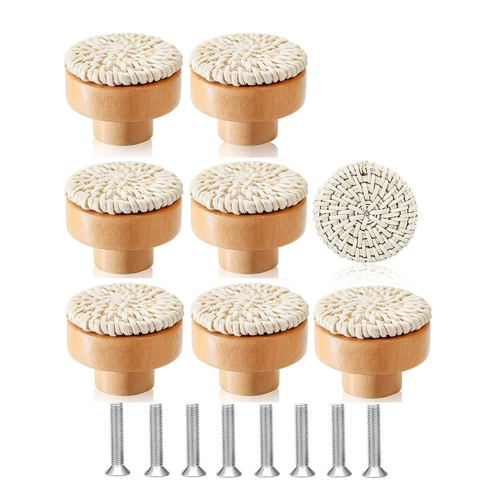 Gokoti 8PCS Boho Rattan Dresser Knobs Wood Drawer Knobs Handmade Woven Wicker Knobs Pull Handle for Cabinet Home Decor