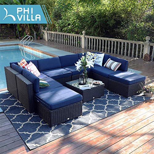 PHI VILLA 9Piece Outdoor Rattan Sectional Sofa All Weather Patio