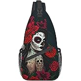KMIVQGE Sugar Skull Rose Crossbody Backpack for Travel Hiking Chest Daypack Shoulder Sling Bag for Men Women Cycling Walking