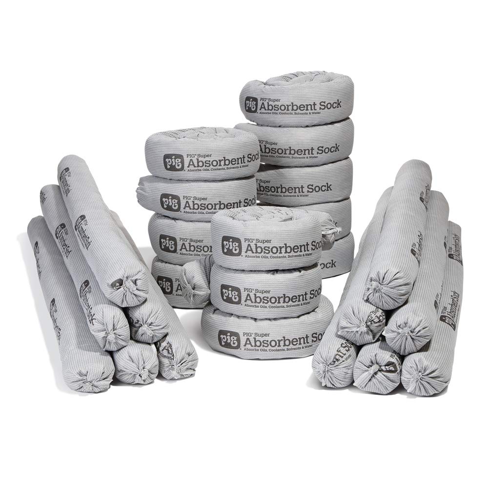 New Pig PIG Super Absorbent Socks – Industrial Spill Control, 91.2 L, Pack of 24, Extra-Absorbent Construction, Absorbs Oils, Coolants, Solvents & Water