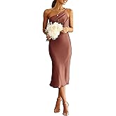PRETTYGARDEN Women's Midi Satin Dress One Shoulder Spaghetti Strap Backless Ruched Summer Bodycon Dresses