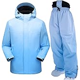 Womens Waterproof Ski Jacket and Pants Set, Windproof Ski Suit, Adult Baggy Hooded Raincoat Jacket for Hiking