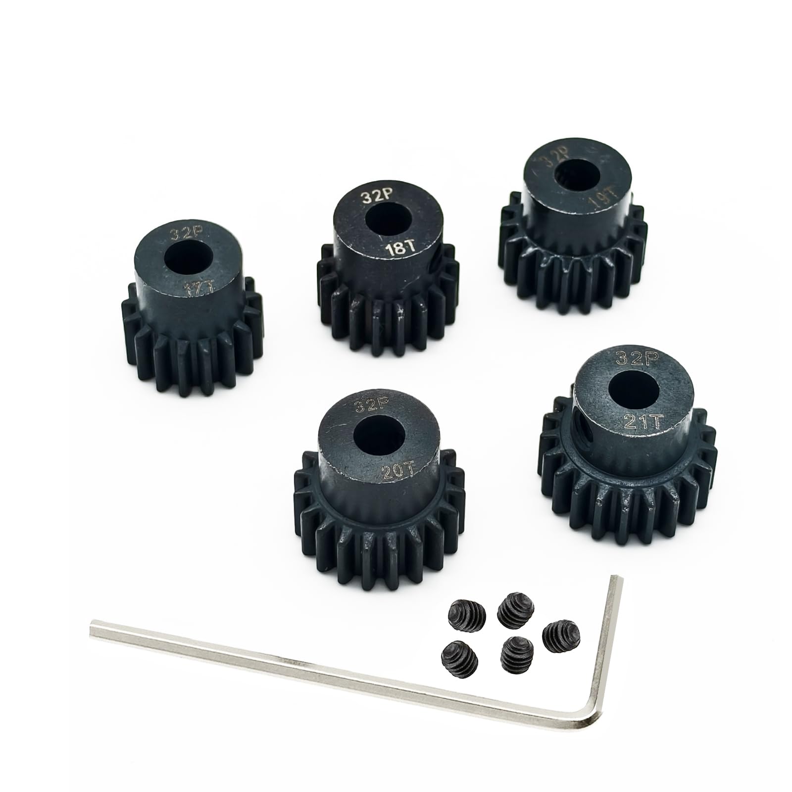 5-Pack Black Steel Metal 5mm Pinion Motor Gear Sets 17T 18T 19T 20T 21T Compatible with HPI Kyosho Losi Axial Tamiya 1/8 1/10 RC Car Monster Truck Buggy