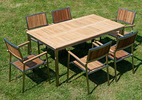 ALEOS. Gartengarnitur Edelstahl Teak Se: Tisch 160x90 cm + 6 Teak Sessel Serie Kuba A-Grade Teak Holz Serie Kuba Gastroqualität – Bild 5