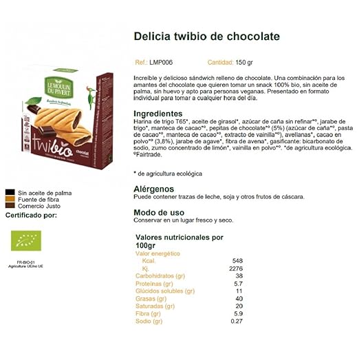 Amazon.com: Le Moulin Du Pivert Organic Twibio Chocolate 150 g (Pack of 12): Health & Personal Care