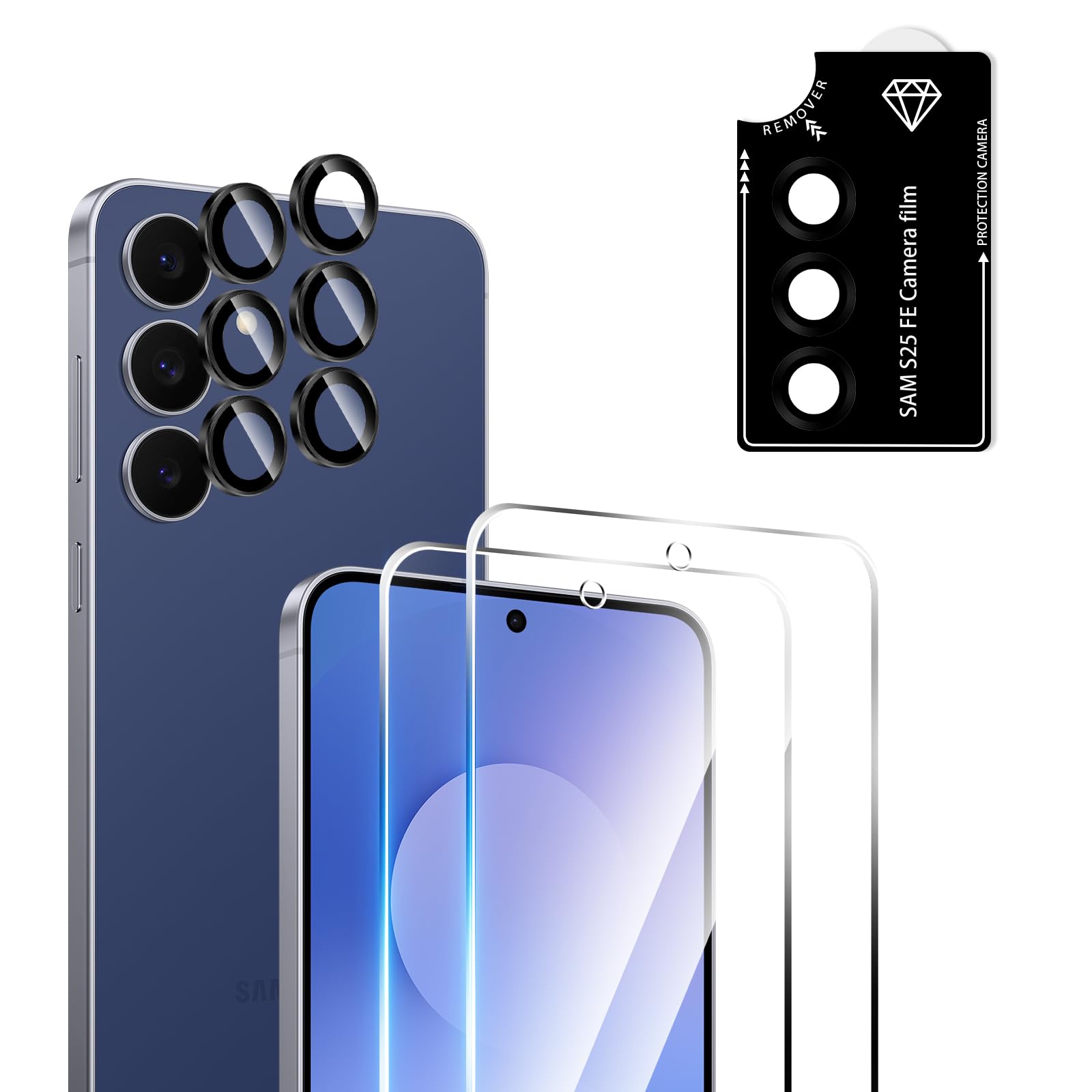 Photo 1 of [2 Sets]For Galaxy S25 FE Tempered Glass Screen Protector With Camera Lens Protectors, Ultra HD Clear, Anti-Scratch, Bubble-Free, Metal Ring Glass Cover For Samsung Galaxy S25 FE