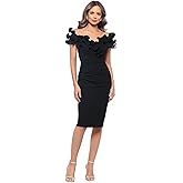 Xscape Women's Scuba Crepe Off The Shoulder Ruffle Neck Knee Length Dress, Black, 16