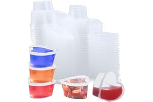 WXOIEOD 100 Sets 1 1/2 oz Heart Shaped Jello Shot Cups with Lids, Small Condiment Containers, Disposable Portion Cups, Plastic Souffle Cup, Mini Sample Tasting Cups, Dipping Sauce Cup To Go Bowls, Clear