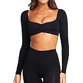 TZLDN Long Sleeve Workout Tops for Women Crop Tops with Built in Bra Padded Square Neck Yoga Athletic Gym Shirts Low Impact