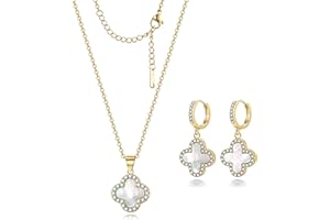 Feasnow Clover Necklace and Clover Earrings Black White Green Red Pendant 18k Gold Plated Lucky Clover Jewelry Set for Women Trendy