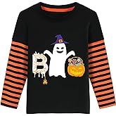 Halloween Shirt for Boy Pumpkin Spooky Vibes Ghost Stripe Long Sleeve T-Shirt Kids Dancing Skeleton Boo Tops 2-7 Years