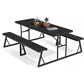 VINGLI Outdoor Picnic Table with Umbrella Hole, 6FT All Weather Metal Frame HDPE Tabletop Plastic Picnic Table for Dining Party Garden(Black)