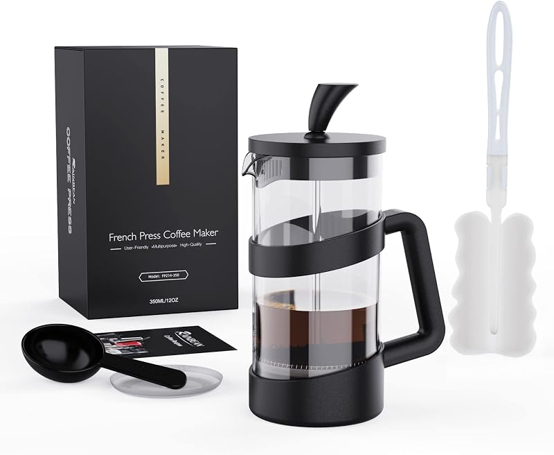 RAINBEAN French Press 2 Cup Cafetiere Borosilicate Glass 0.35L Triple Filter
