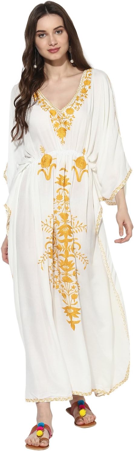 CRAFTBAZAR Women's Boho Embroidered White & Gold Kaftan (Free Size)