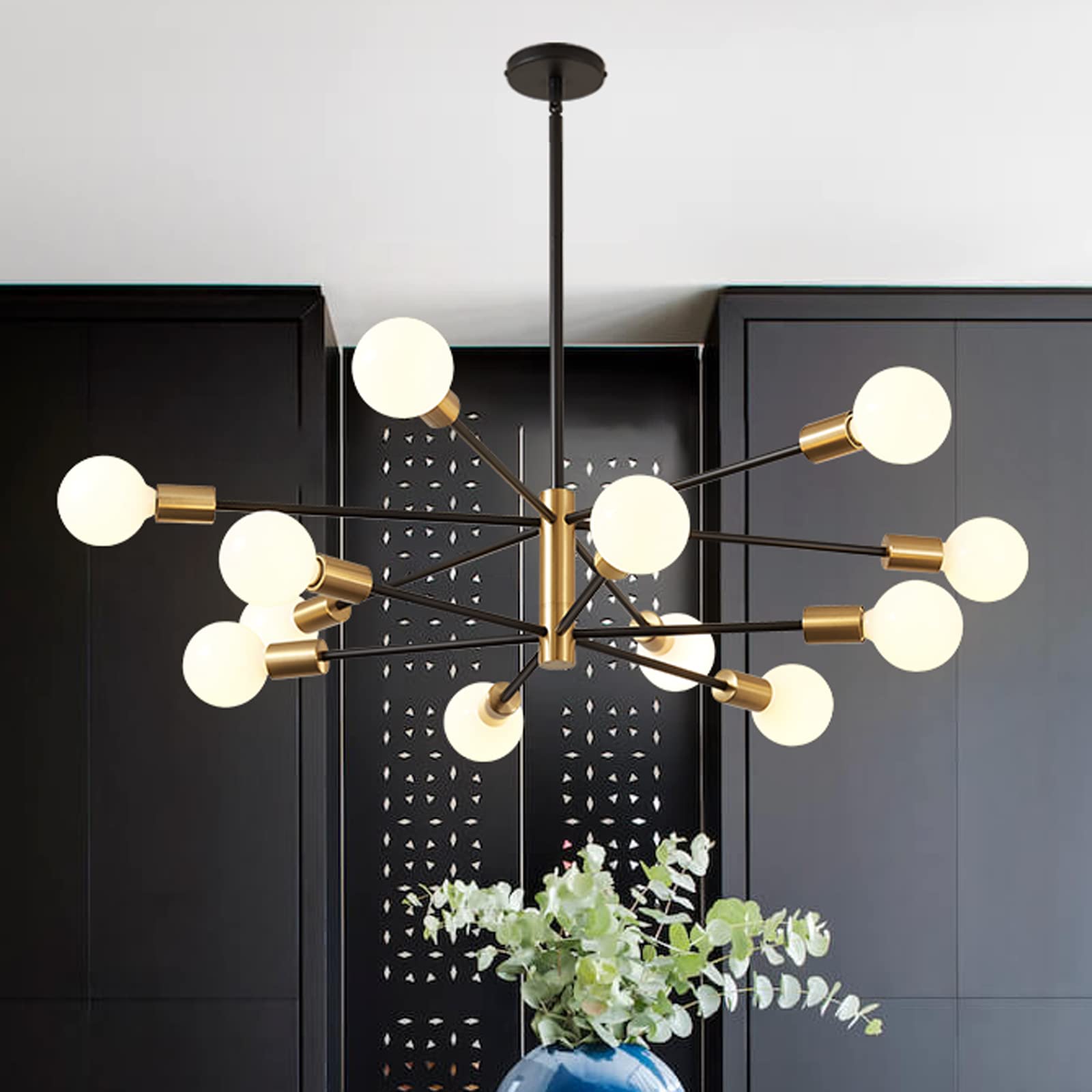 Photo 1 of RUIYEY Modern Chandelier Ceiling Light Fixture Sputnik Chandeliers Gold and Black Farmhouse Chandelier Over Table 12-Light Height Adjustable Chandeliers for Dining Room, Living Room,Kitchen Island