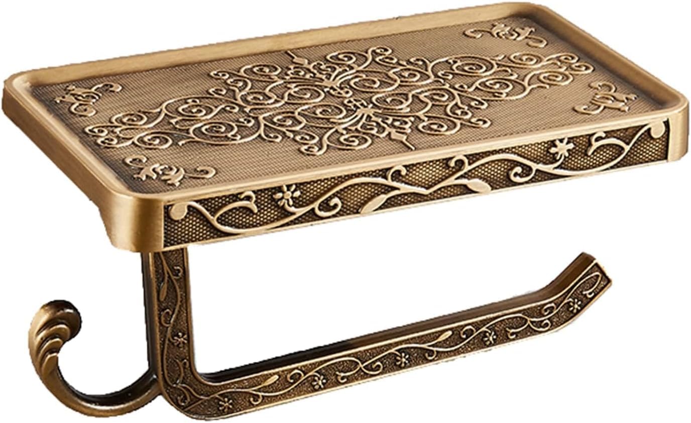 Antique Brass Toilet Paper Holder with Shelf, Aluminum Wall Mount Toilet Tissue Holder with Cell Phone Storage and Hook,Bathroom Toilet Paper Holder Modern Style & Rustproof（Aluminum Bronze）