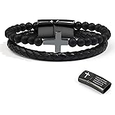 BLYXCNO Cross Bracelet for Men,Inspirational Bible Verse Bracelets,Black Gemstone Agate Onyx Beaded Rosary Obsidian Bangle, Easter, Communion, Baptism, Christmas Gifts