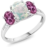 White Simulated Opal and Gemstone Birthstone with Diamond Accents 3-Stone Engagement Ring for Women | 10K White Gold | Oval 8X6MM and 6X4MM | Elegant Wedding Anniversary Promise Ring | Size 5-9