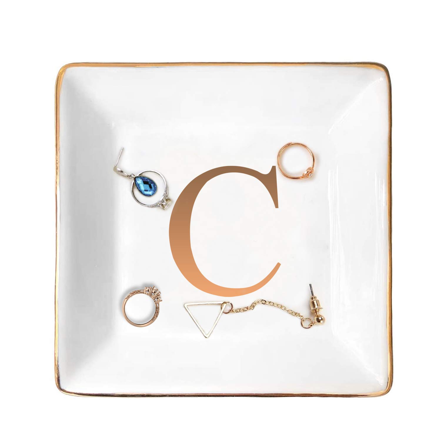 ANOTION Jewelry Tray Ring Dish with Ini-tial Gift- Personalized Trinket Dish and Jewelry Dish with Gold Initials Key Bowl Ceramic Holder, Unique Wedding or Engagement Present