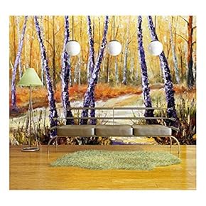 Birch Trees in a Sunny Forest. Palette Knife Artwork. Impressionism. Art. - Removable Wall Mural | Self-Adhesive Large Wallpaper - 66x96 inches