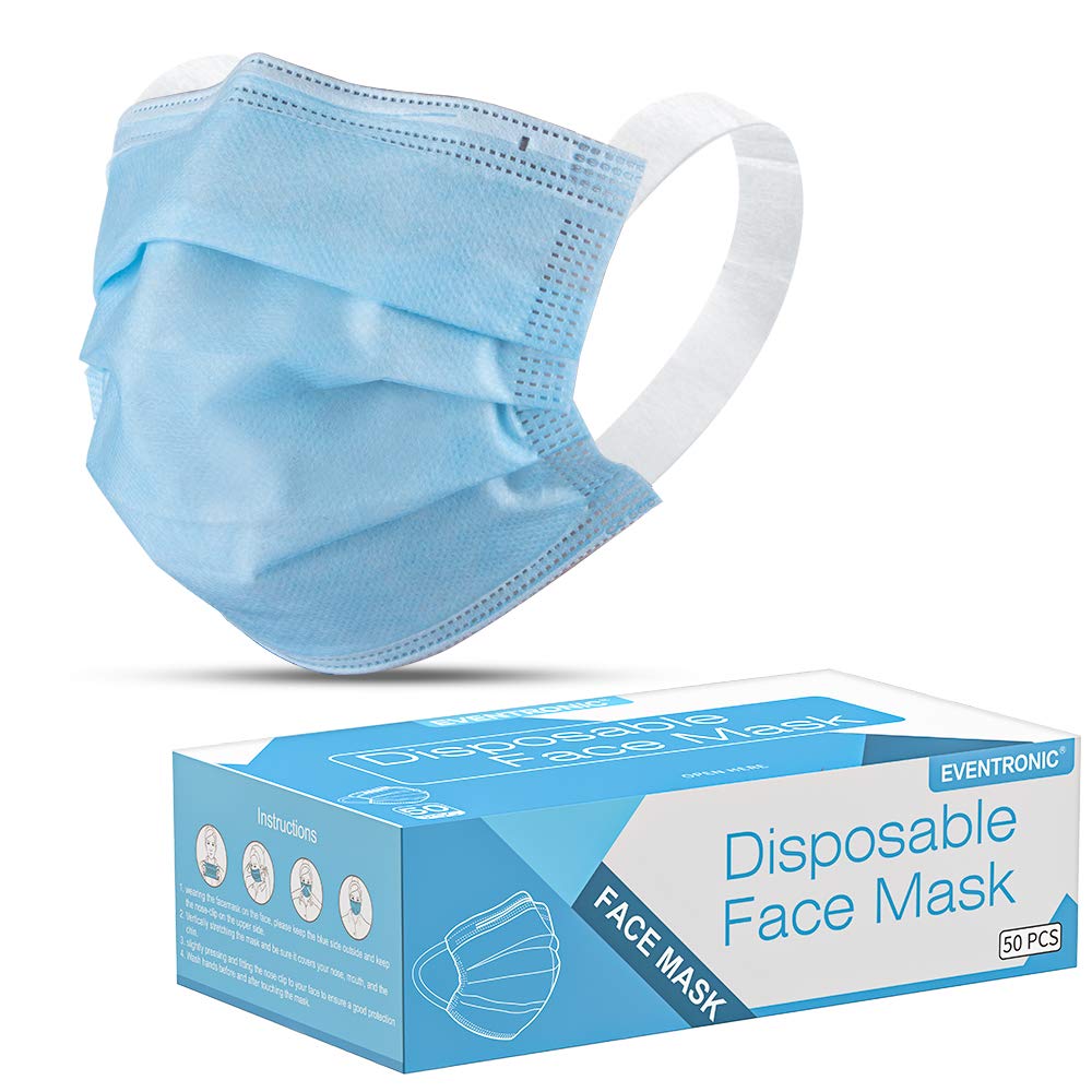 EVENTRONIC Disposable Face Masks, 50pcs Comfortable Protective Masks with wide earloop, 3-layers, Procedural Masks,bule
