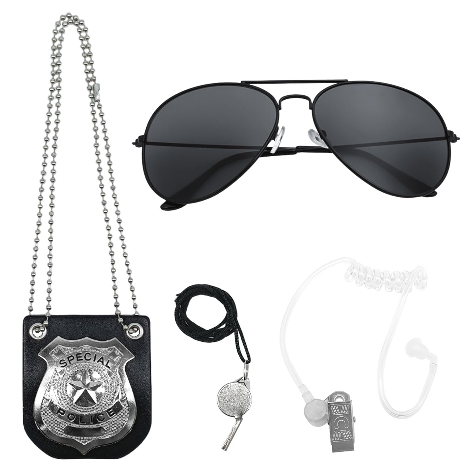 FUIPVGI 4 Pcs Police Officer Costume Accessories Set - Sunglasses, Whistle, Badge for Boys and Girls Aged 3-7 Years Old - Fancy Dress, Halloween, Birthdays (Silver)