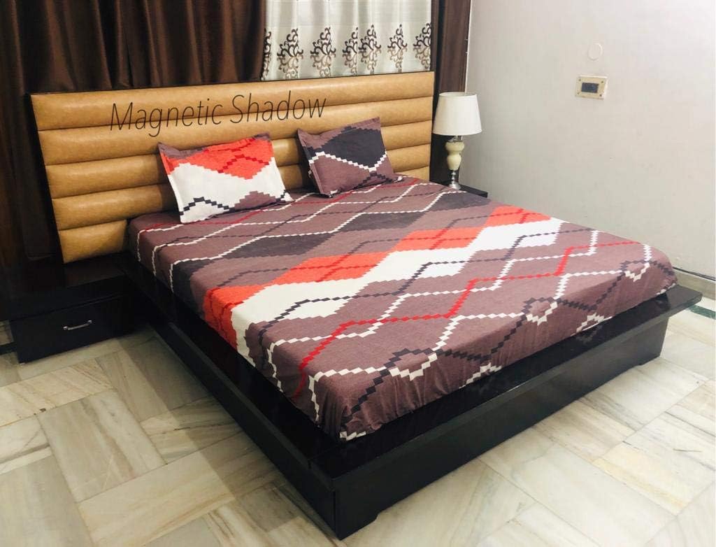 Magnetic Shadow Abstract Polycotton King Size Elastic Fitted Bedsheets (Brown Zigzag, Abstract)
