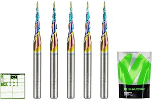 SHARPRO Carbide Tapered Ball Nose End Mill, 1/4" Shank 8° CNC Carving Router Bit 1mm Tip (R0.5 Radius), Spiral 2 Flute for Wood Engraving, 3D/2D Milling, Quark Coated (5PCS)