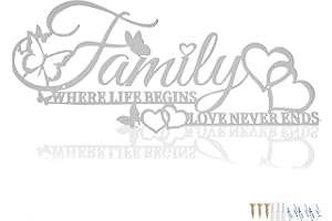 KHayRovies Family Metal Word Sign Wall Art Decor, Where Life Begins Love Never Ends Heart Butterflies Wall Hanging Sculpture, Silvery Iron Letters Quotes Home Decor for Living Room Kitchen (Silvery)