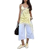 Women Lace Trim Satin High Low Tops Silk Spaghetti Strap Asymmetrical Side Split Cami Top Flowy Silky Layering Tops