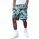 BEAUDRM Men's Floral Embroidery Drawstring Waist Shorts Summer Vacation Shorts with Pockets