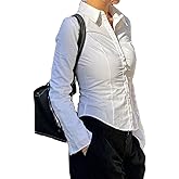 Women Y2k Button Up Shirt Long Sleeve Lapel Collar V Neck Slim Fitted Blouse Preppy Coquette Going Out Tops