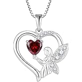 Lwsary Guardian Angel Necklace 925 Sterling Silver Heart Angel Wings Pendant Birthstone Jewelry for Women
