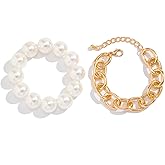 CIWEAI 2Pcs Chunky White Elastic Pearls Stack Bracelets for Women Fashion Large Freshwater Pearl Bangles Round Ball Bracelet Oversized Big Statement Jewelry