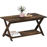 Furinno Modern Simplistic Coffee Table, 2-Tier Rectangle Center Table with Open Shelf and X-Legs, Criss-Crossed Side Table, for Living Room, Bedroom, Home Office, Amber Pine