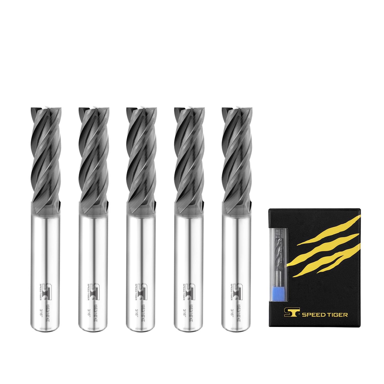 SPEED TIGER ISE Carbide Square End Mill - Micro Grain Carbide End Mill for Alloy Steels/Hardened Steels - AlTiBN Coating - 4 Flute - ISE3/16"4T (5 Pieces, 3/16")