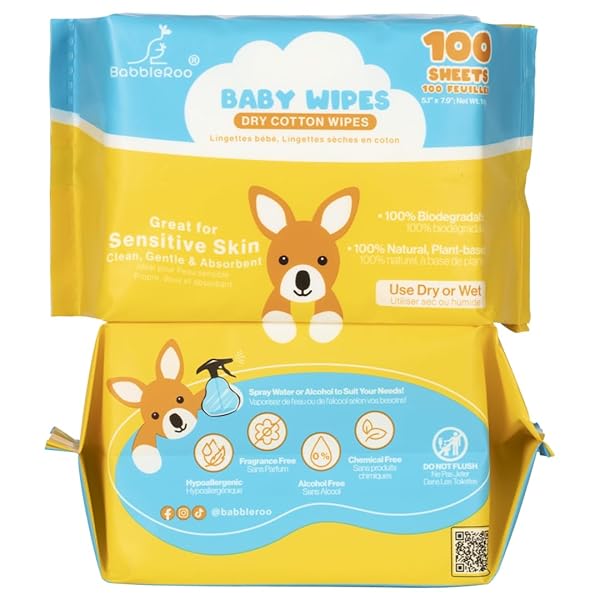 BABBLEROO DRY WIPES FOR BABY – 100% PLANT-BASED...